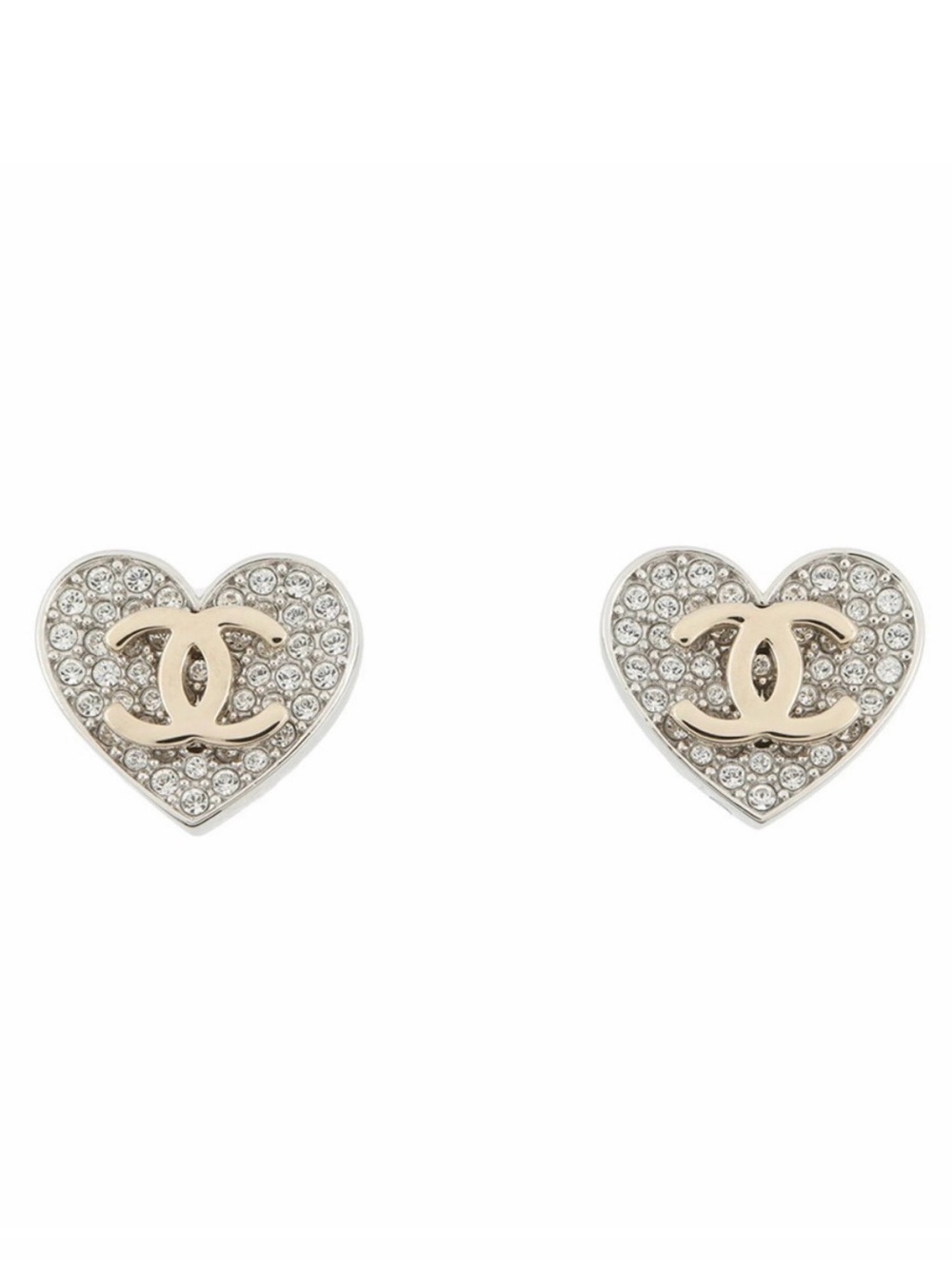 CHANEL | CC Gold-Tone with Silver Heart Crystal Stud Earrings
